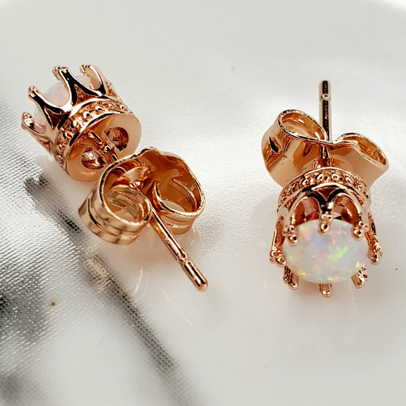 White Fire Opal Crown Stud Earrings Rose Gold - Picture 2 of 2